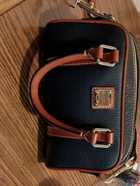 Dooney & Bourke Black Pebbled Leather Mini Satchel with Brown Trim